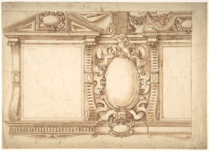 Design for an Interior Wall with Pedimented Niches or Windows, Flanking a Cartouche MET DP802118
