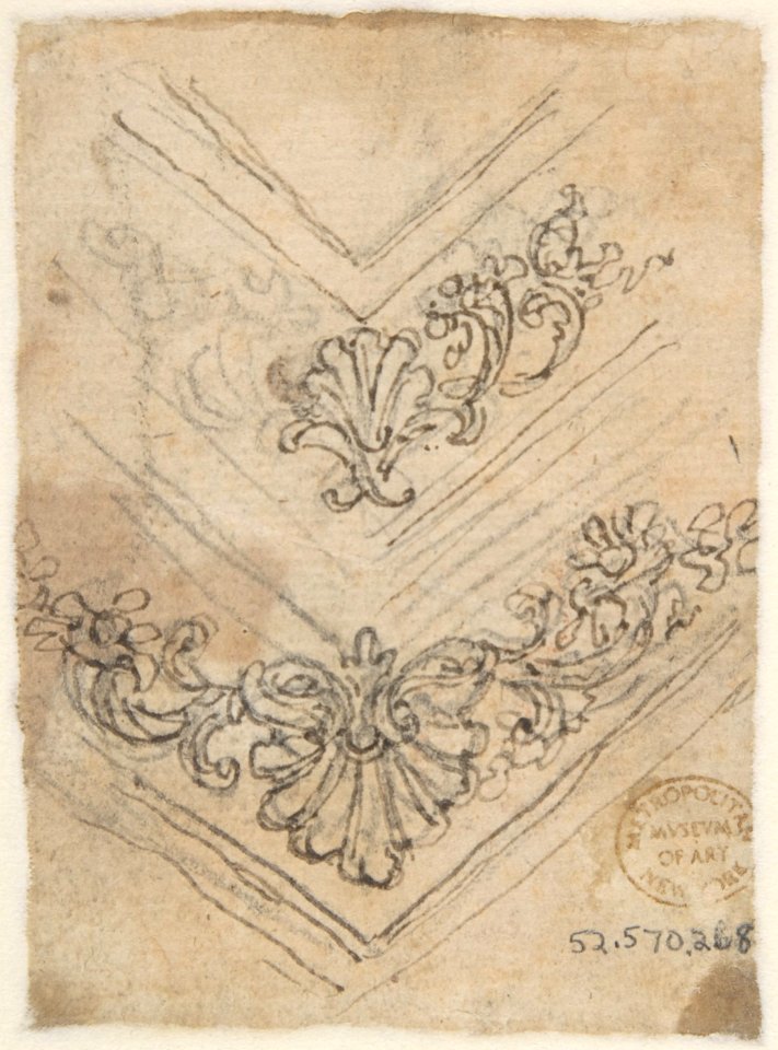 Design for an Equestrian Statue in a Cartouche (recto); Sketches for a Frieze with Sea-Shells and Floral Ornament (verso). MET DP809612