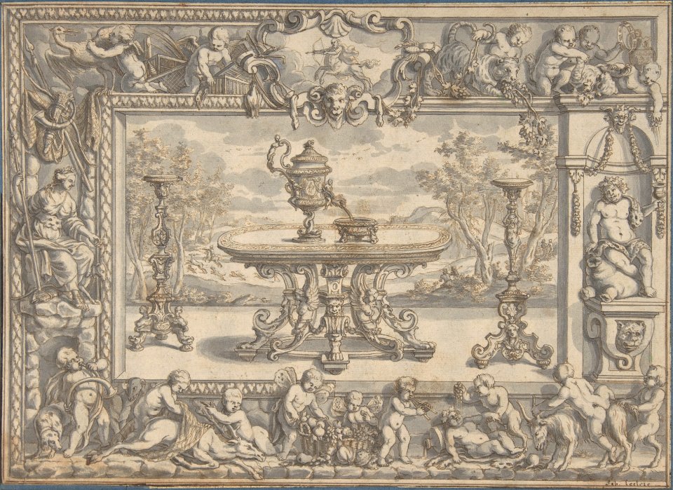 Design for an Ewer, table and candelabra within an ornamental frame MET DP802900
