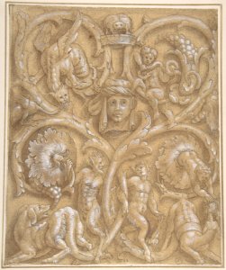 Design for an Ornamental Panel with Rinceaux, Satyrs, Putti, Monsters and a Human Head. MET DP808046