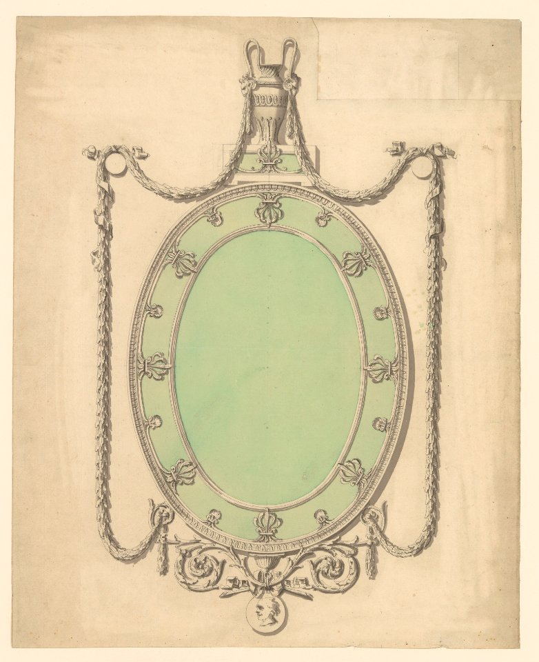 Design for an Oval Mirror, Surmounted by an Urn and Draped with Neoclassic Swags MET DP244877