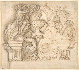 Design for an Overdoor or the Top of a Niche with a Bust and Garland-bearing Putti MET DP809726