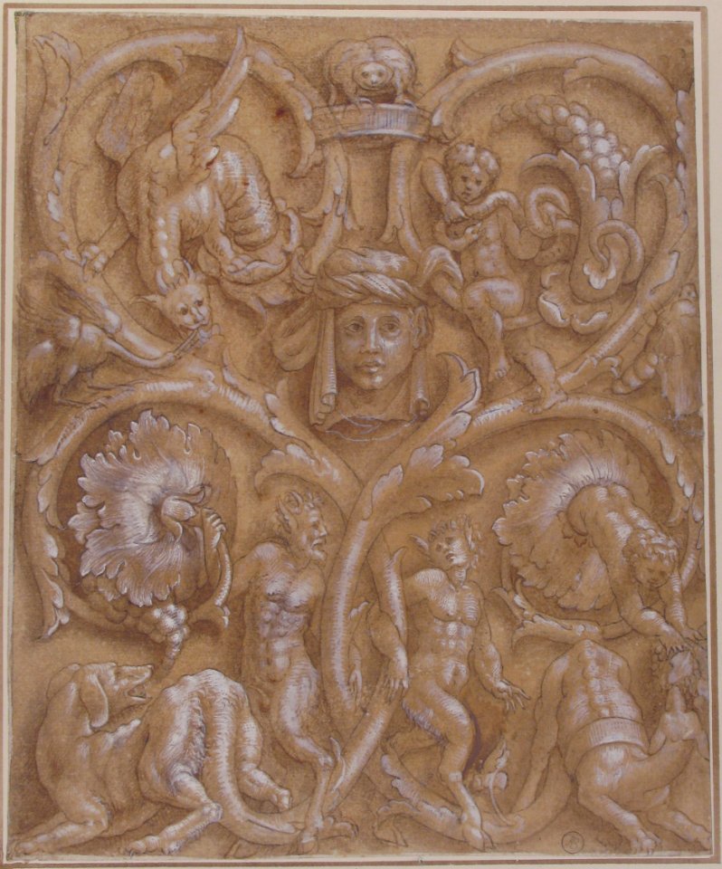 Design for an Ornamental Panel with Rinceaux, Satyrs, Putti, Monsters and a Human Head. MET 1971.513.30