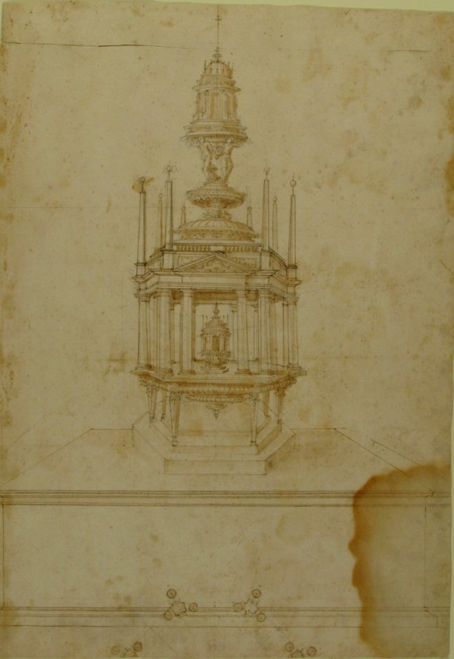 Design for an Polygonal Tabernacle, with Obelisks and a Pediment Surmounted by Three Figures Supporting a Tempietto-like Structure MET 66.618.7