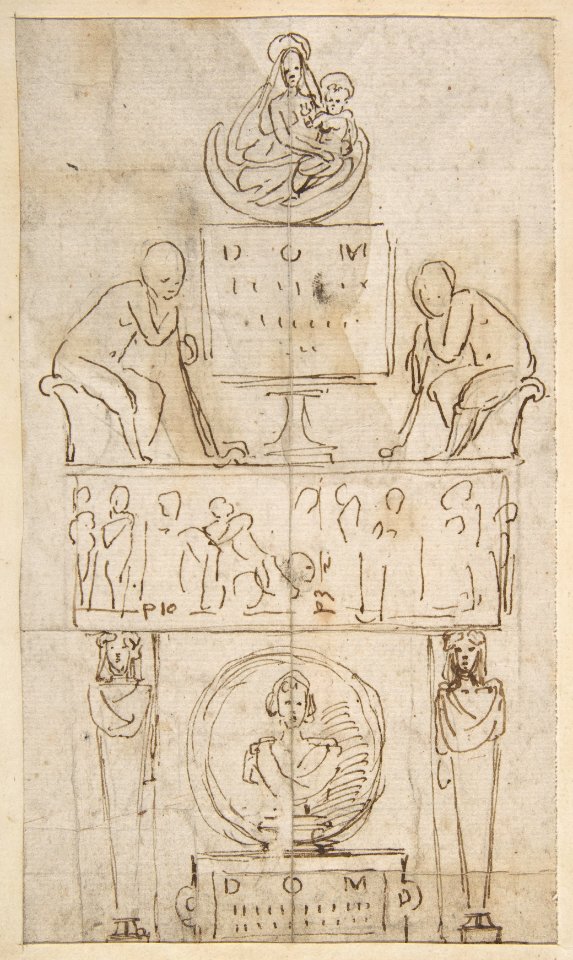 Design for a Wall Tomb or Monument (Recto); Smaller Variant Version with Half Length Madonna & Child on Crescent Moon (Verso) MET DP811051