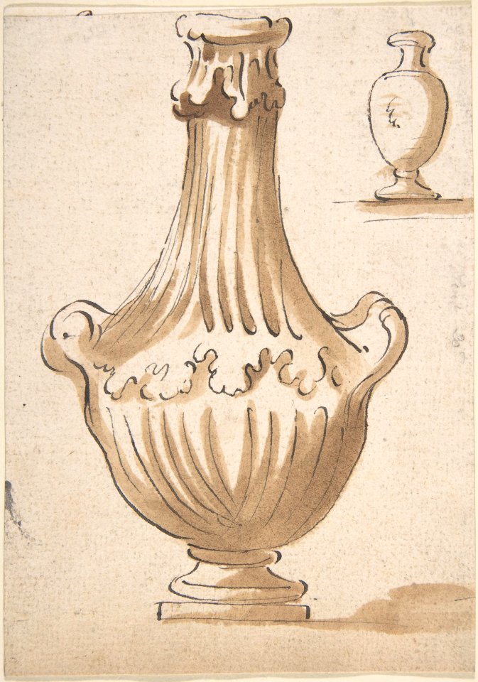 Design for a Vase- two handles, no cover. In upper right corner, a smaller, simpler shape (recto); Part of a Chalk Drawing (verso) MET DP803277
