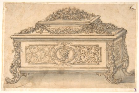 Design for an Casket heavily decorated Foliate Scrolls, Garlands and a Satyr Mask MET DP809732