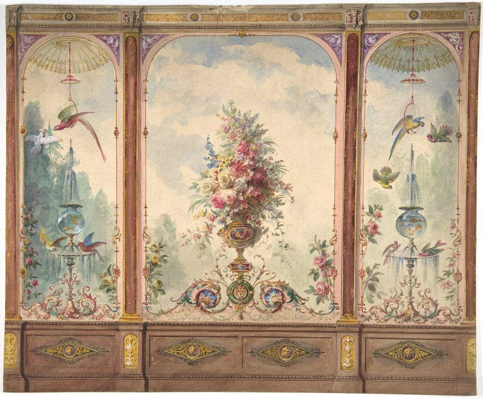 Design for a Wall with a Flower Vase, Birds, Two Gold Fish and Globe Fountains MET DP806290