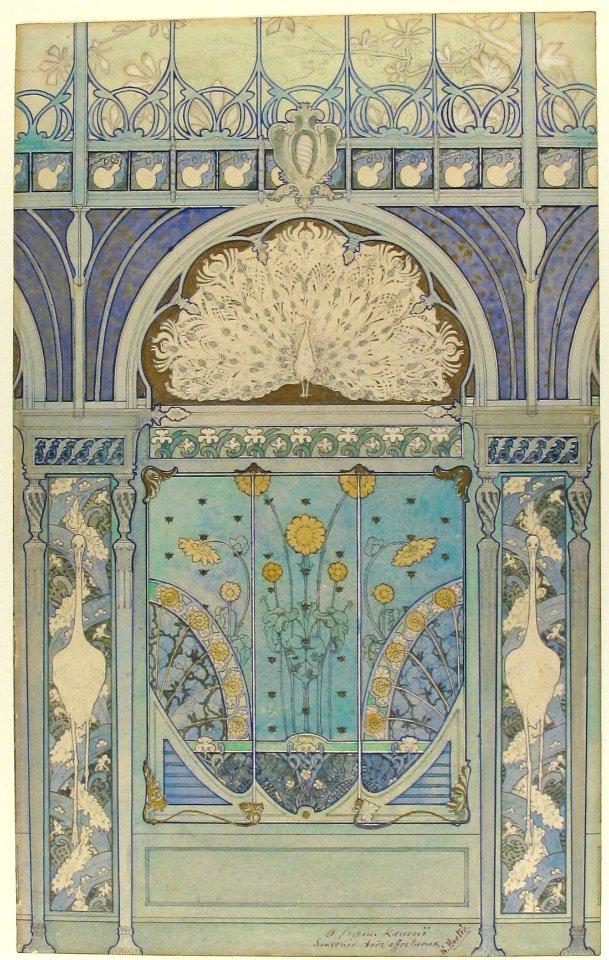Design for a Wall Decoration with Peacock, Cranes, and Sunflowers for the Restaurant in Hotel Langham (Paris) MET 1991.1288