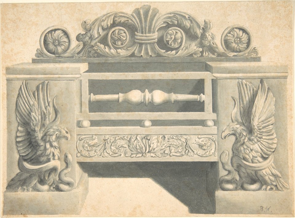 Design for Cast-iron Grate in Rococo Style with Putti Fire Dogs MET DP805301