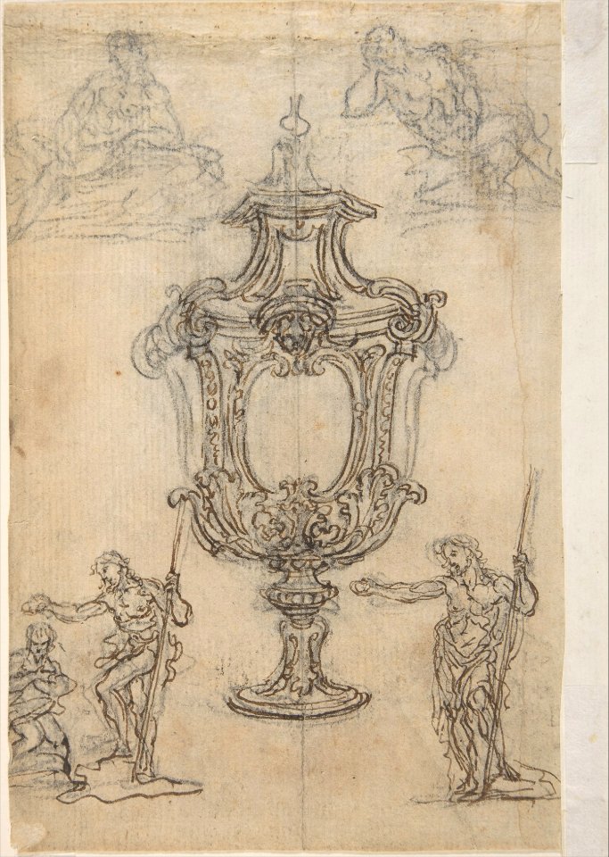 Design for a Vase with a Cross-section of its Neck (recto); Design for a Vase with studies of a Muscular Nude Male Figure and figures for a Baptism (verso) MET DP809564