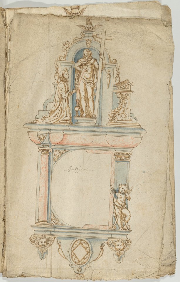 Design for a Wall Tomb with a Variant and Statues of the Resurrected Christ and a kneeling Donor MET DP842047