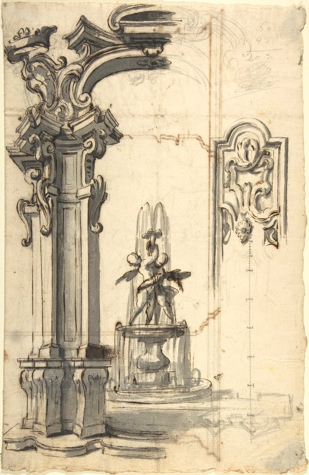 Design for an Arch Through Which Is Seen a Fountain with Two Putti (recto); Design for an Architectural Structure (verso) MET DP803472