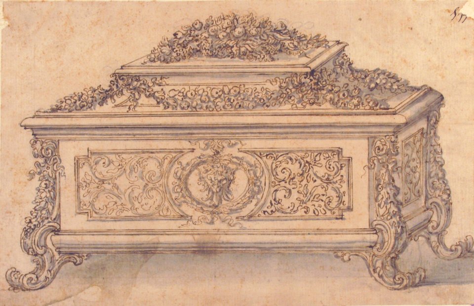 Design for an Casket heavily decorated Foliate Scrolls, Garlands and a Satyr Mask MET 52.570.258