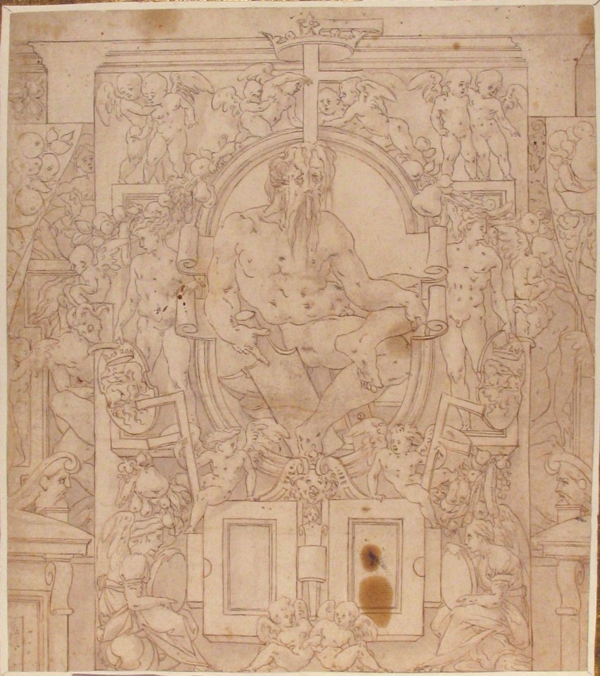 Design for a Wall Decoration with a River God and Putti carrying the Symbols of King François I MET 2001.514