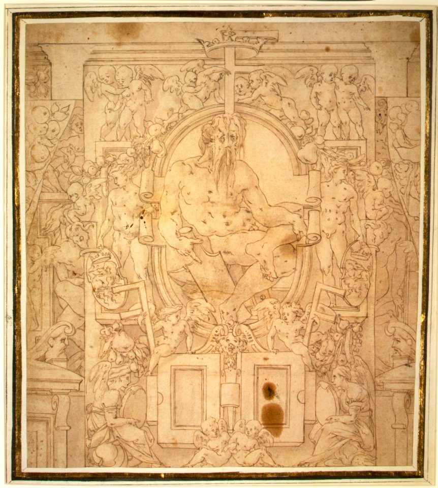 Design for a Wall Decoration with a River God and Putti carrying the Symbols of King François I MET DR342