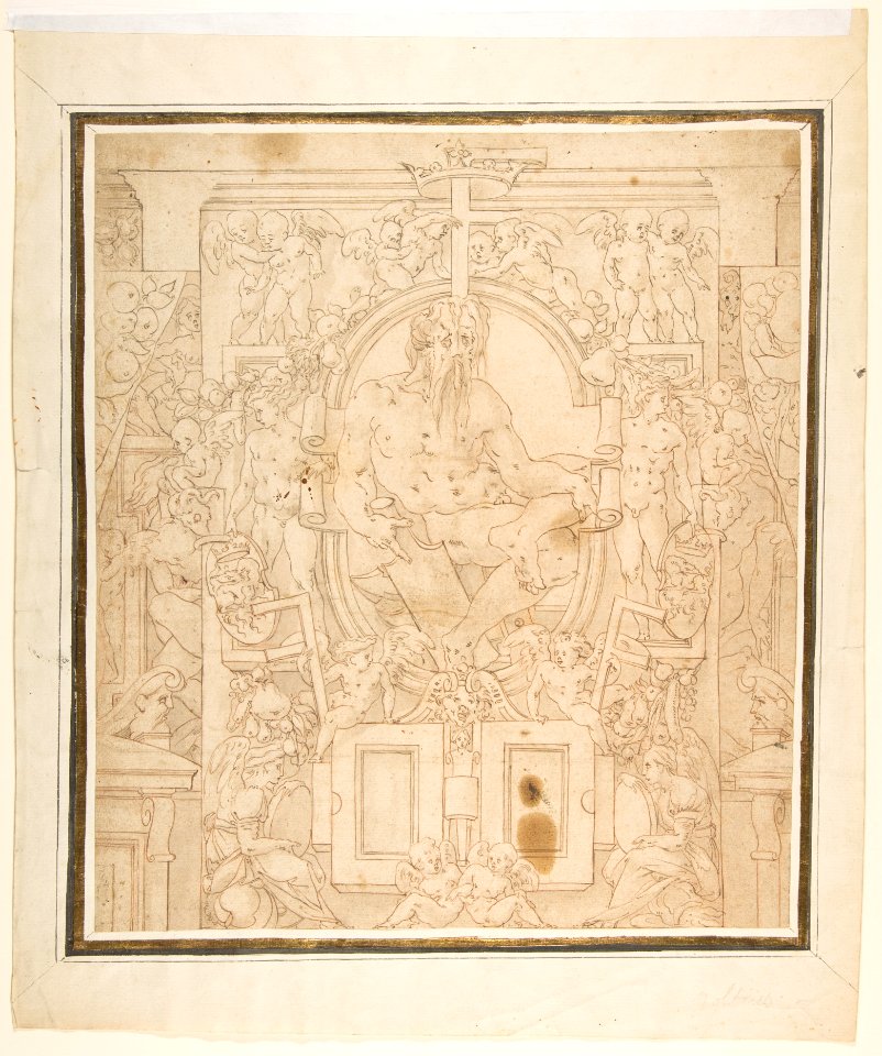 Design for a Wall Decoration with a River God and Putti carrying the Symbols of King François I MET DP812282