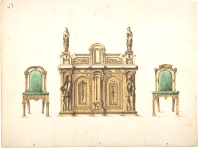 Design for Cabinet Ornamented with Carved Knights and Ladies, and Two Chairs MET DP807288