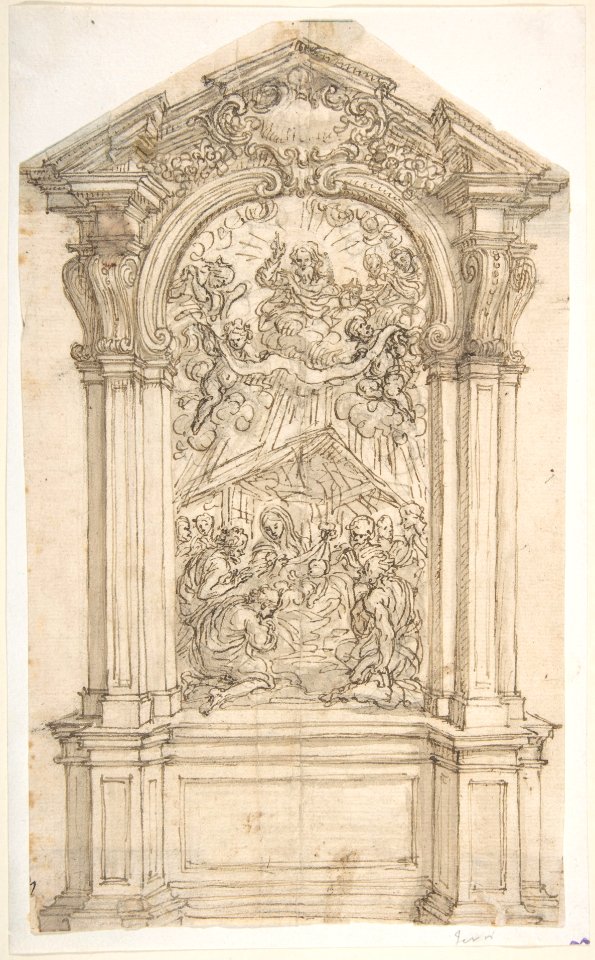 Design for an Altar with a Painting of the Adoration of the Shepherds and God the Father Above MET DP809733