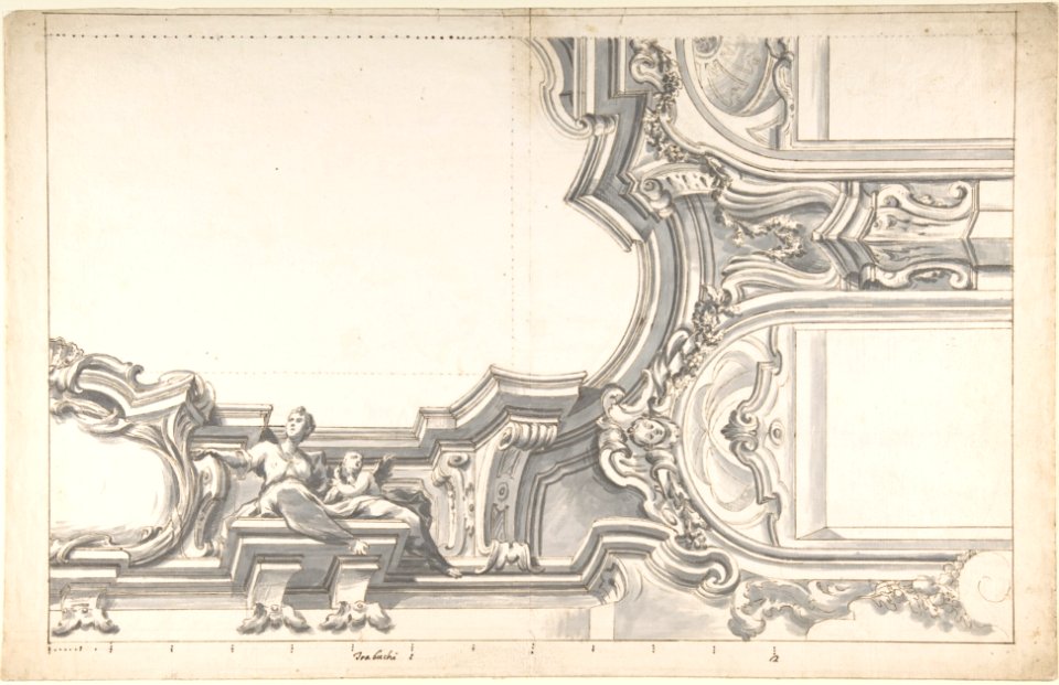Design for an Elaborate Cornice with a Cartouche and Figures Supporting a Ceiling, with Two Arched Openings. MET DP803631