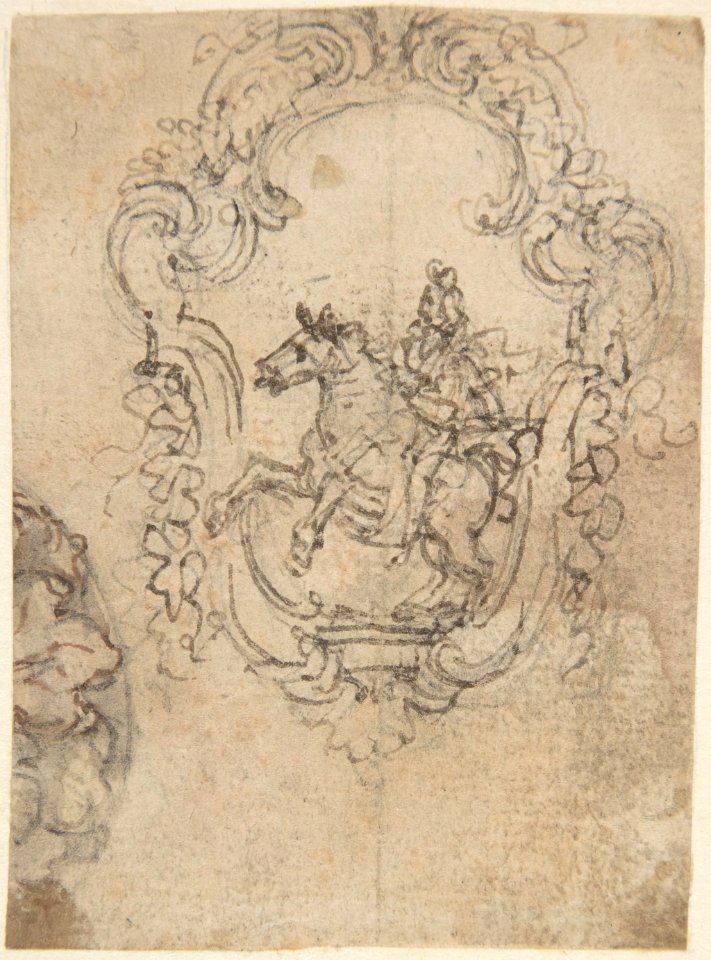 Design for an Equestrian Statue in a Cartouche (recto); Sketches for a Frieze with Sea-Shells and Floral Ornament (verso). MET DP809607