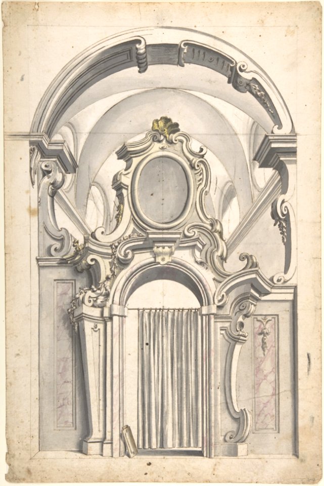 Design for an Elaborate Doorway with a Vaulted Ceiling Behind, and a Curtain Drawn Across the Opening MET DP803633