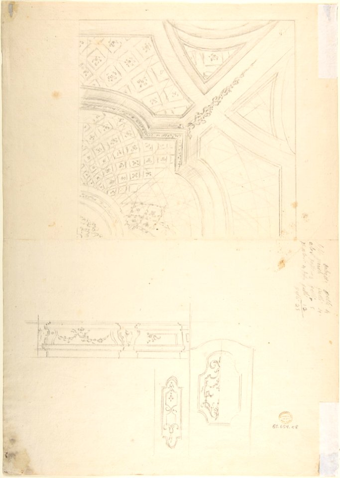 Design for a Wall Elevation with Halved Alternate Designs for the Doorway (recto); Designs for a Quarter of a Ceiling, Design for a Wall Elevation (verso) MET DP801433