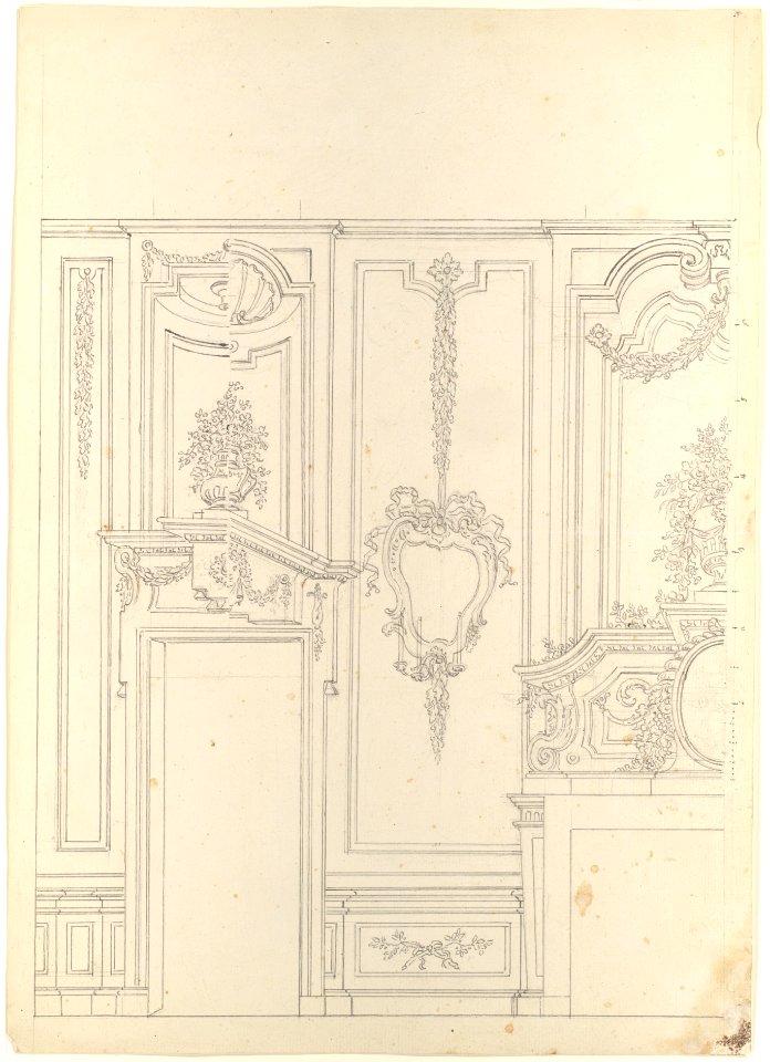 Design for a Wall Elevation with Halved Alternate Designs for the Doorway (recto); Designs for a Quarter of a Ceiling, Design for a Wall Elevation (verso) MET DP109985