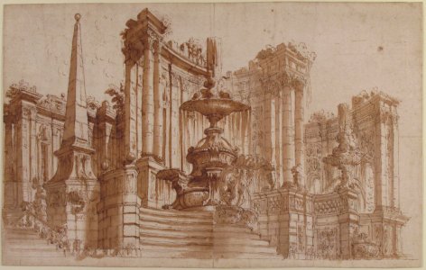 Design for a Stage Set- Semi-Circular Architectural Ruins, Fountains, and an Obelisk. MET 1971.513.56