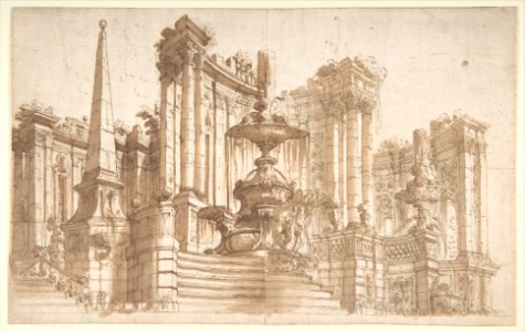 Design for a Stage Set- Semi-Circular Architectural Ruins, Fountains, and an Obelisk. MET DP808018