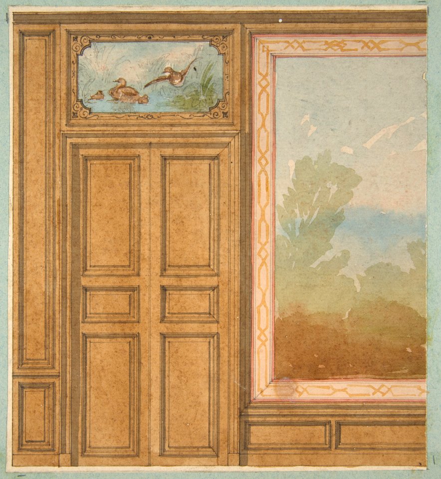 Elevation of a paneled wall with a mural or tapestry and a double doors surmounted by a painting of ducks MET DP811789