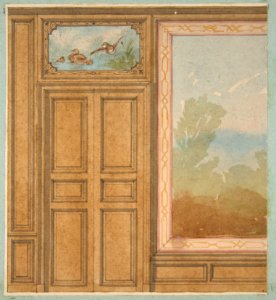 Elevation of a paneled wall with a mural or tapestry and a double doors surmounted by a painting of ducks MET DP811789