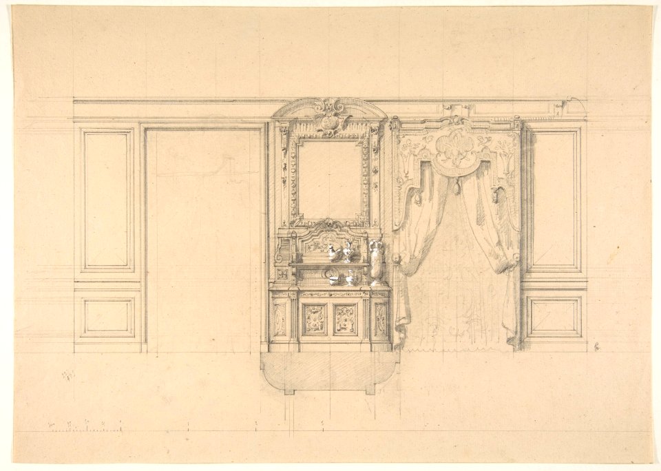 Elevation of a dining room with a carved buffet and window draperies MET DP811794