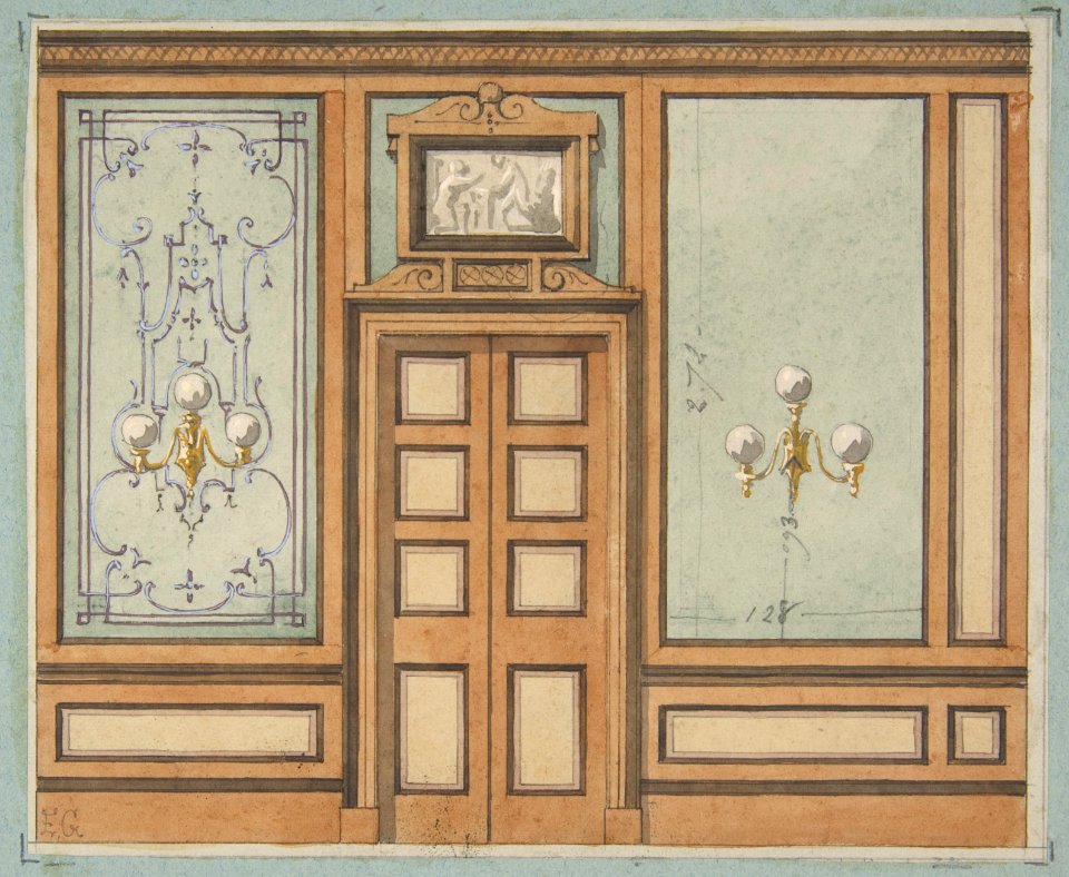 Elevation of a paneled interior with double doors and gaslight sconces MET DP811402