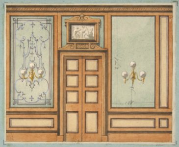 Elevation of a paneled interior with double doors and gaslight sconces MET DP811402