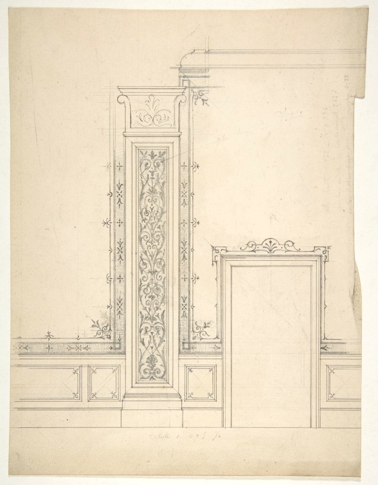 Elevation of a room with designs for the decoration of walls and wainscot, Eugène-Pierre Gourdet, 1830–97