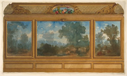 Elevation of a paneled interior decorated with painted landscapes and coves with cartouches and flowers MET DP811423
