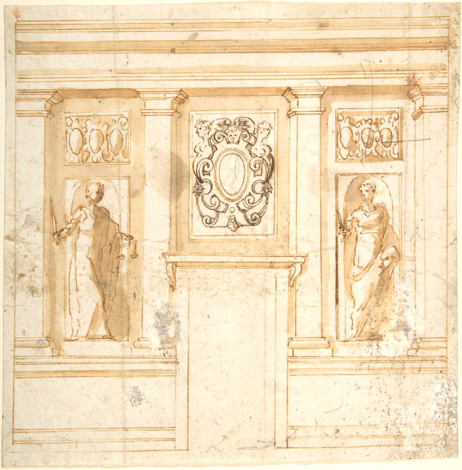 Elevation of a wall with partial pilasters, reliefs, and niche figures MET DP801972