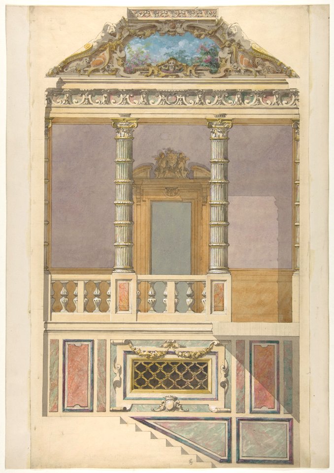 Elevation of an Italianate interior, including steps and an upper loggia decorated in composite columns MET DP811434