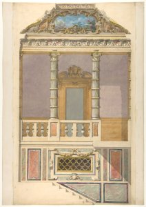 Elevation of an Italianate interior, including steps and an upper loggia decorated in composite columns MET DP811434