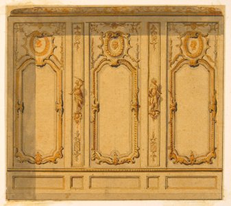 Elevation of an interior showing a wall decorated in ornate panels and mounted statuettes MET DP811824