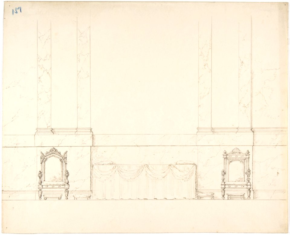 Elevation of a Wall with Marble Pilasters, a Draped Table and Two Armchairs with Footstools MET DP807434