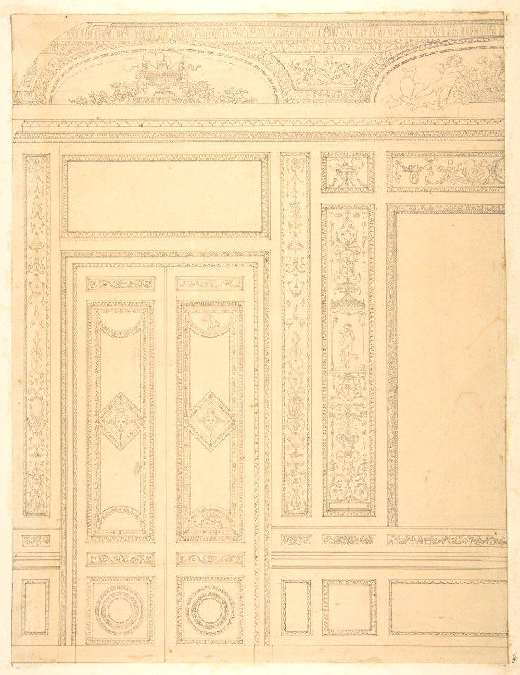 Elevation of an interior showing a paneled wall and double doors decorated in rococco sty.e MET DP811805