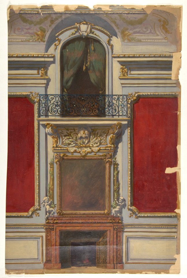 Elevation of an interior with a chimneypiece surmounted by a mirror and a second floor balcony MET DP811416