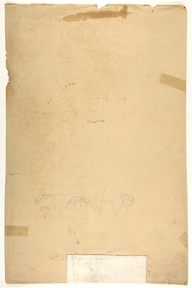 Elevation of an interior with a chimneypiece surmounted by a mirror and a second floor balcony MET DP811417