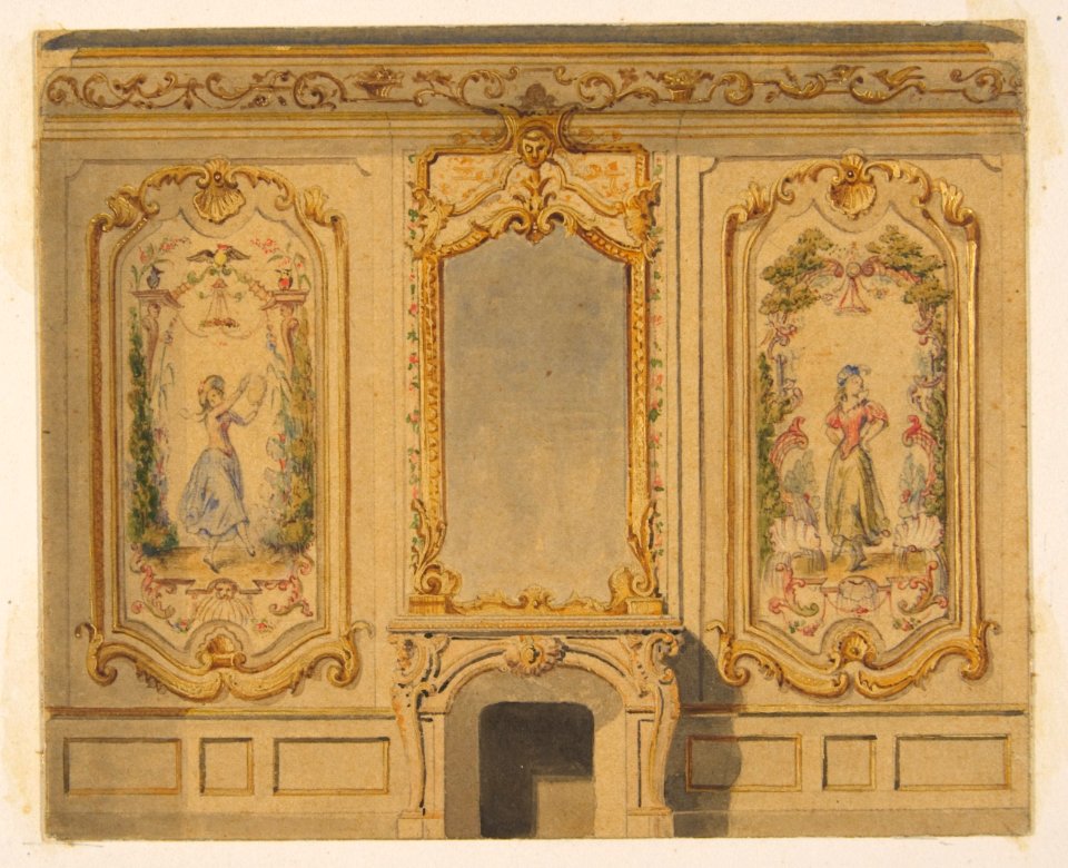 Elevation of an interior wall decorated with a chimney piece surmouted by a mirror and flanked with painted panels MET DP811822