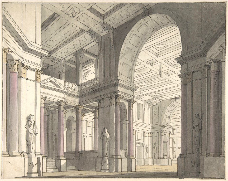 Design for a Stage set Showing the Interior of a Palace (recto); Architectural Sketch (verso) MET DP804365