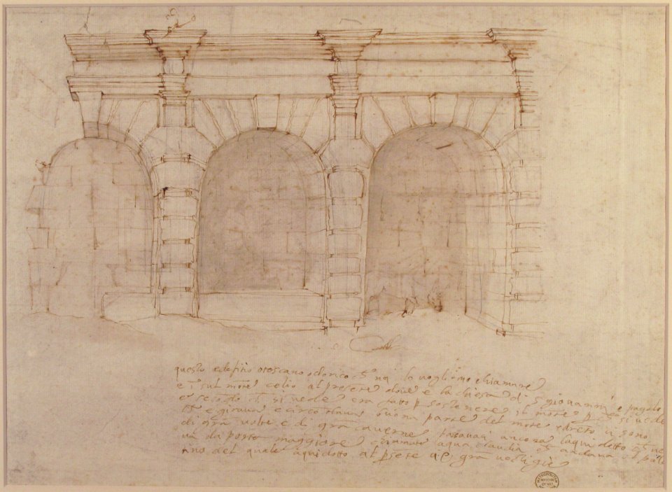 Elevation of Giulio Romano's House (recto); the Ruins from the Caelius Aqueduct and Temple of Claudius in Rome (verso) MET 49.56.15 VERSO