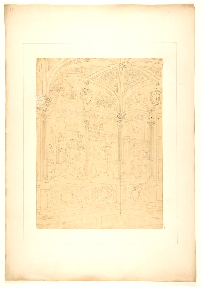 Elevation of the corner of a room decorated with Renaissance-style murals and carved woodwork MET DP811801