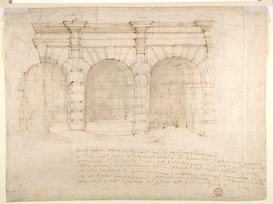 Elevation of Giulio Romano's House (recto); the Ruins from the Caelius Aqueduct and Temple of Claudius in Rome (verso) MET DP810761